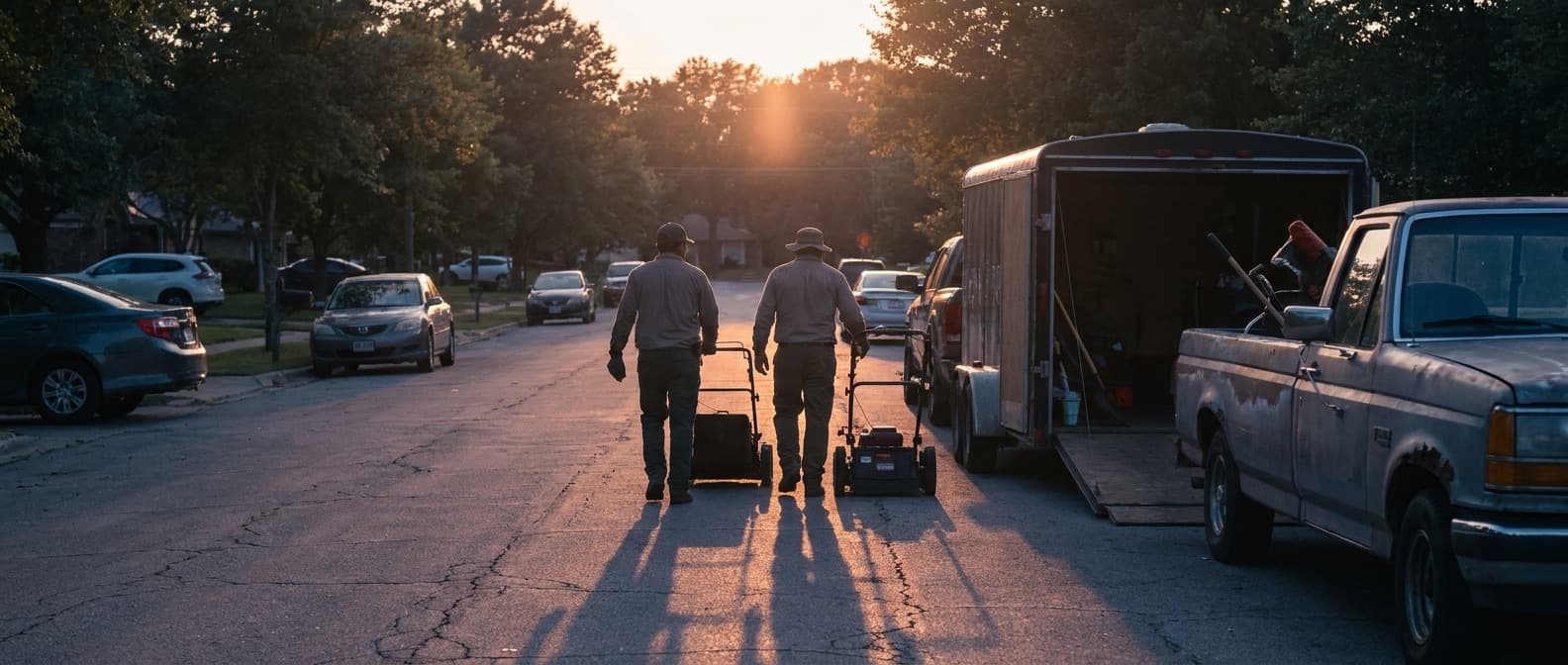Two crew members pushing mowers up a suburban street toward a low golden sunset, their trailer and truck parked at the curb