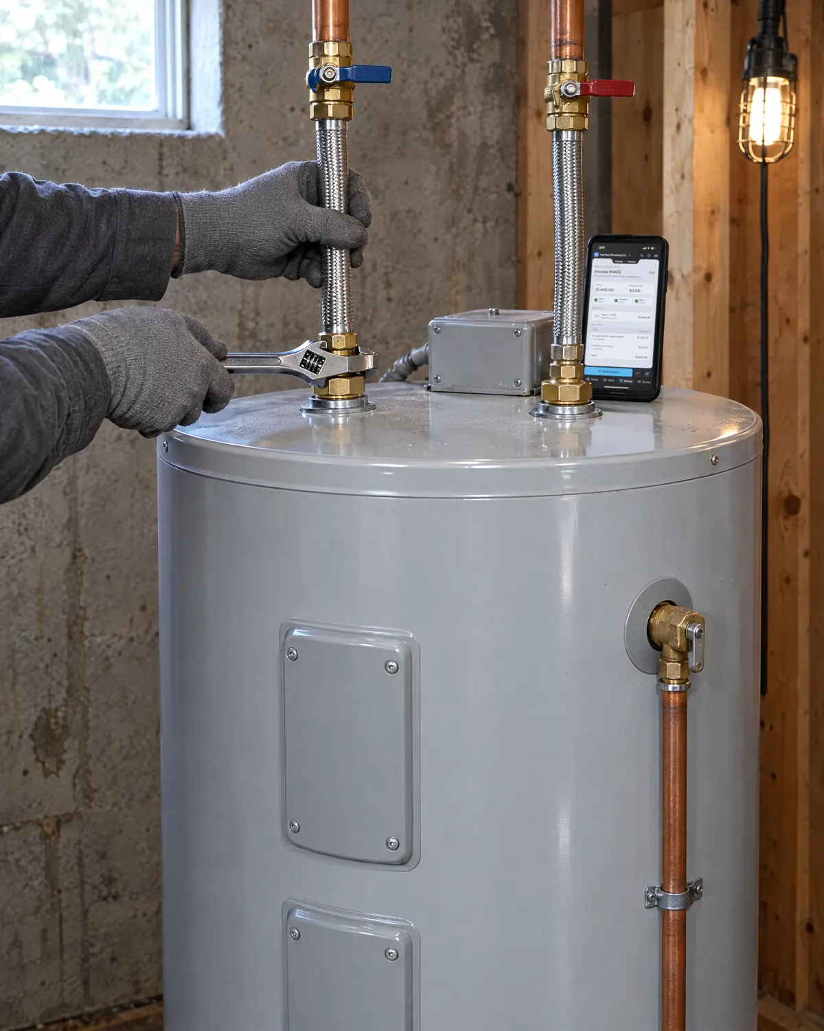 A plumber tightening the cold inlet on a new water heater, paid Invoice INV-004412 for $1,450.00 open in OneTool on a phone resting on top of the heater