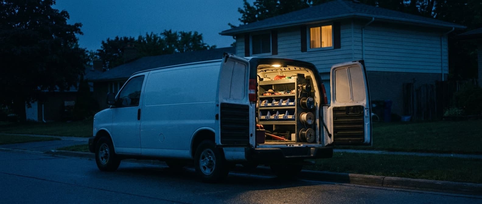 A white service van parked at a suburban curb before dawn, its rear doors open on a shelved rack of tools