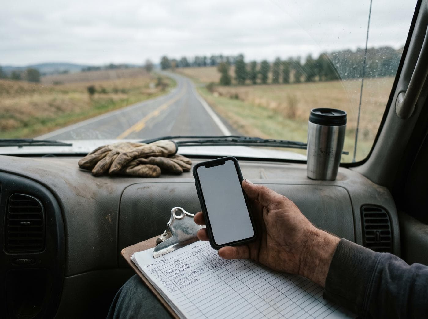 A hand holding a phone above a paper job log on a clipboard, in the cab of a work truck
